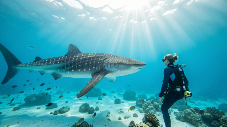 Un requin-baleine nage paisiblement dans une eau tropicale cristalline, observé à distance respectueuse par une plongeuse.