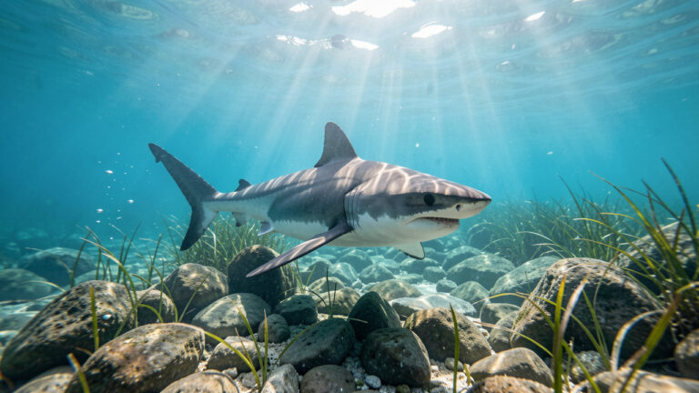 Requin bouledogue nageant calmement dans les eaux claires de la Méditerranée au-dessus d’un fond rocheux.