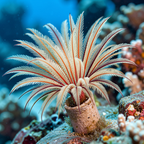 Serpule marine sortant de son tube calcaire, avec un panache de filaments délicats déployé dans une eau bleue claire.
