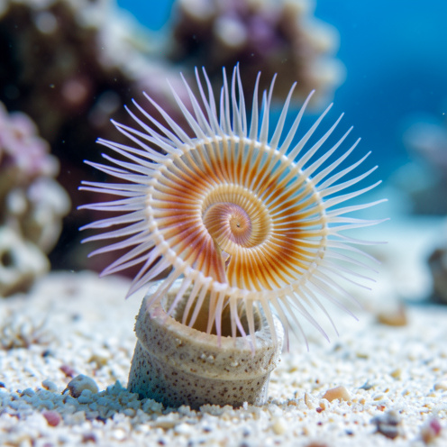 Gros plan sous-marin d’un spirographe marin sortant de son tube calcaire, avec une couronne spiralée de filaments plumeux aux teintes ivoire, ambrées et violettes.