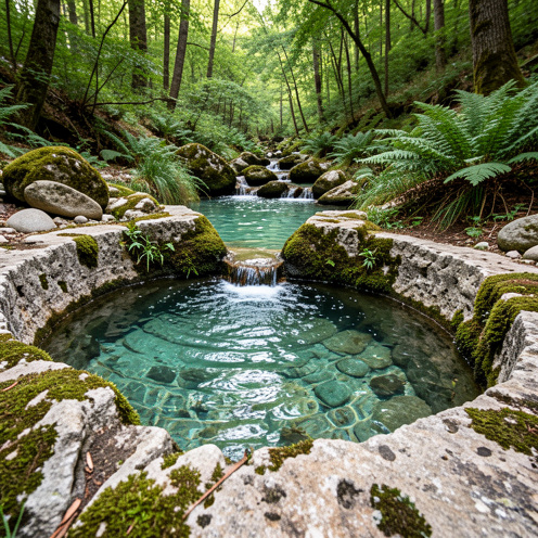 Résurgence d’eau douce cristalline de La Tirounère, entourée de rochers, de mousse et de végétation luxuriante.